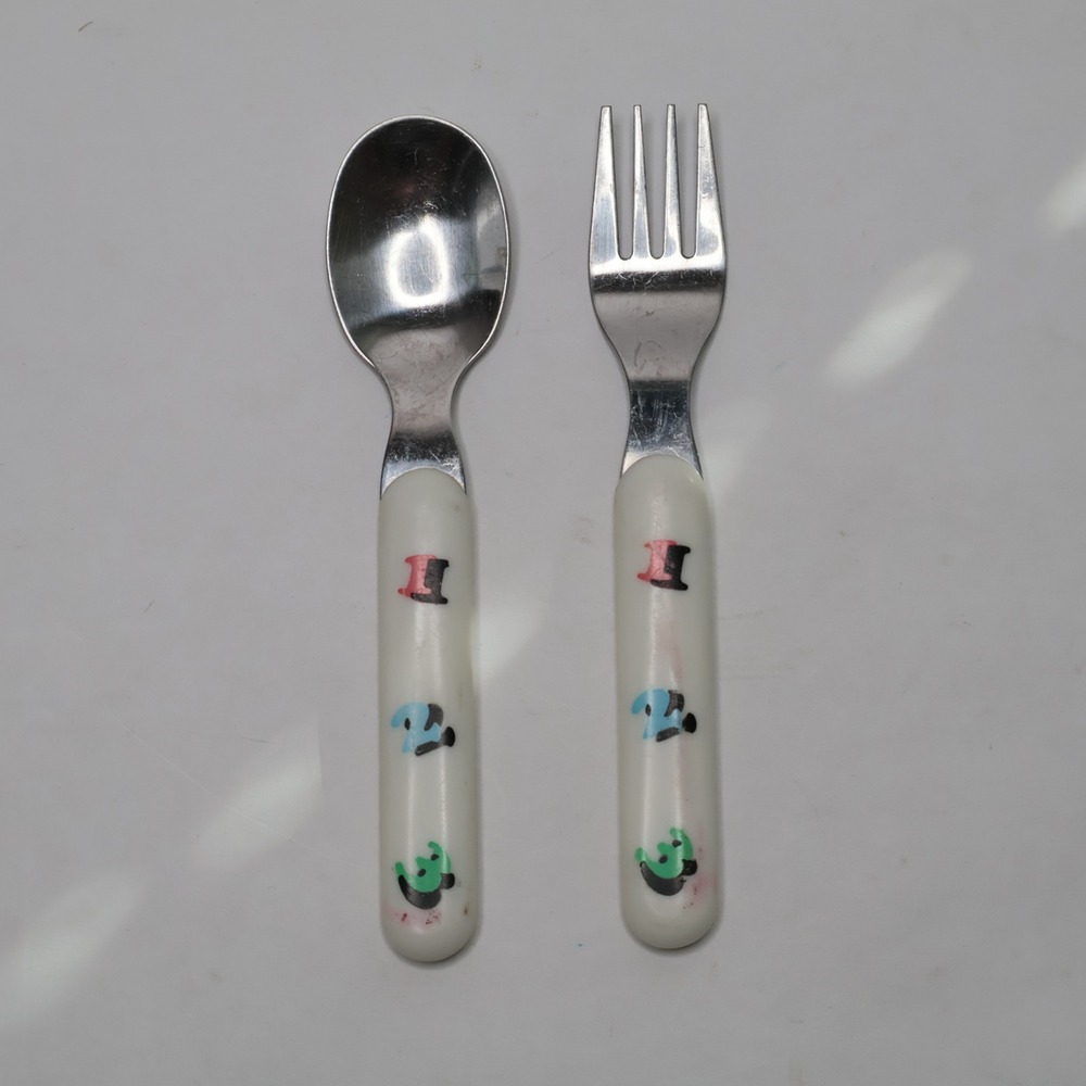 Vintage Kids Spoon and Fork Set White Handles with 1 2 3 Numbers Stainless Steel